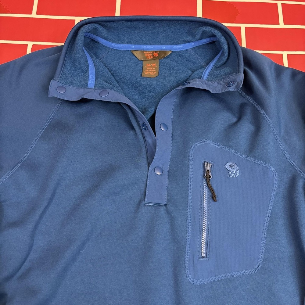 Mountain Hardwear Snap Pullove Sweatshirt Mens M Blue Fleece r Chest Zip Pocket